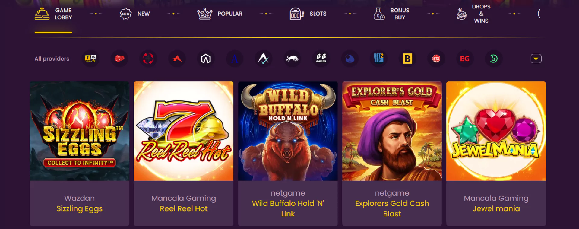 Screenshot of all games from Bizzo Casino website