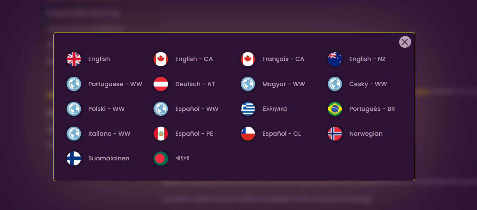 Screenshot of the available languages from the Bizzo Casino website