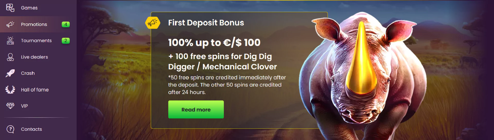 Screenshot of available promotions and bonuses from the Bizzo Casino website