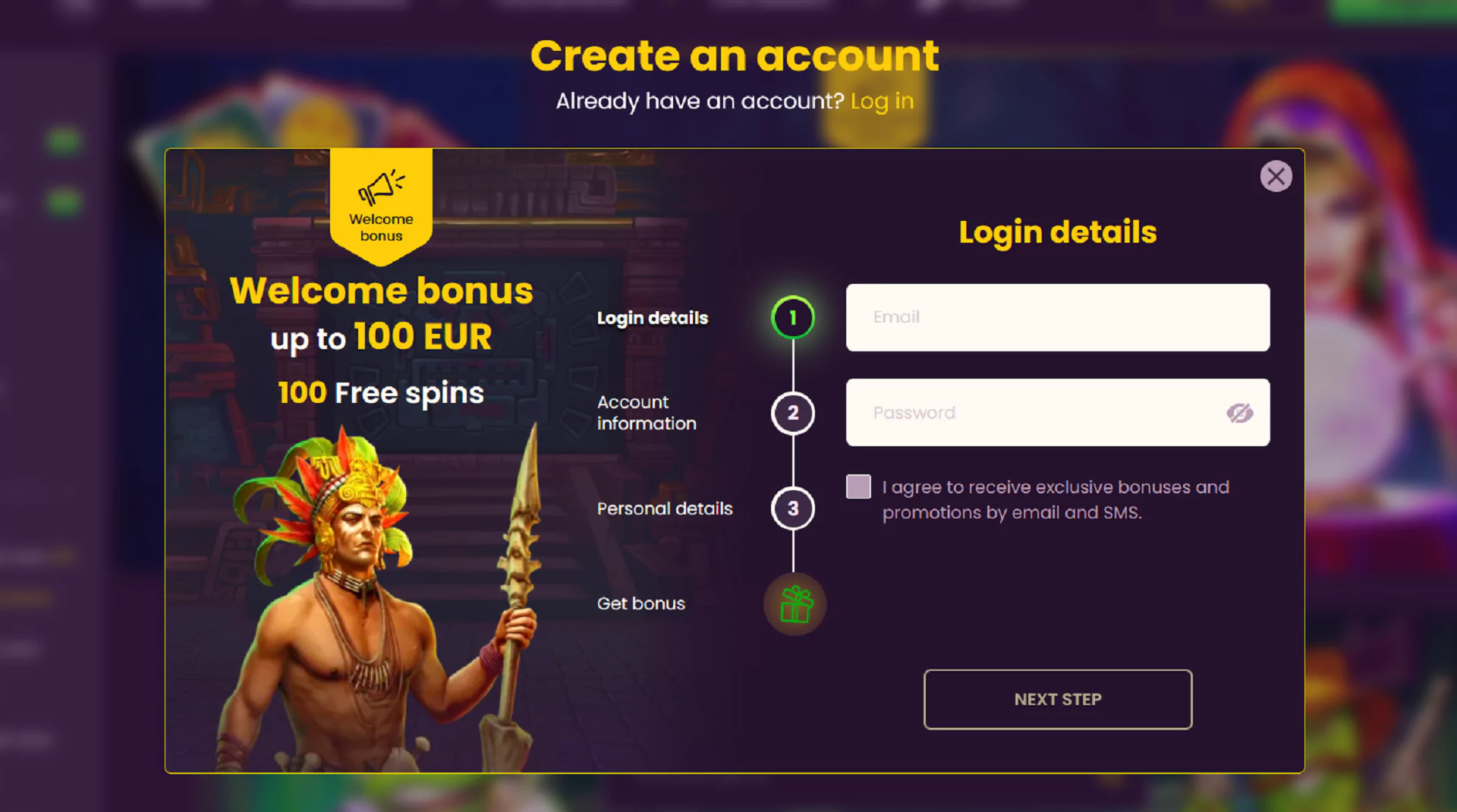 Screenshot of the registration page from the Bizzo Casino website