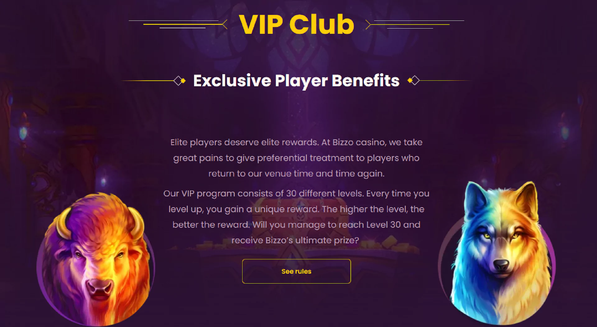 Screenshot of the VIP program from the Bizzo Casino website