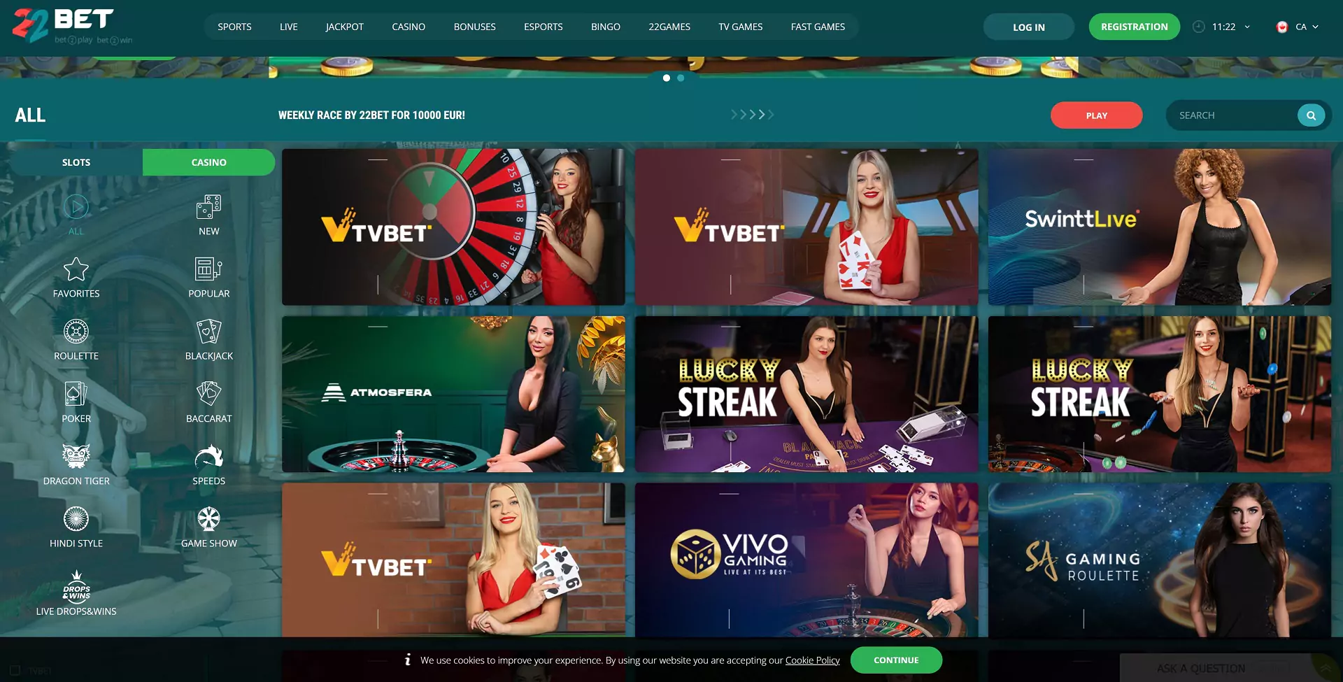 Screenshot of The 22bet casino Site.