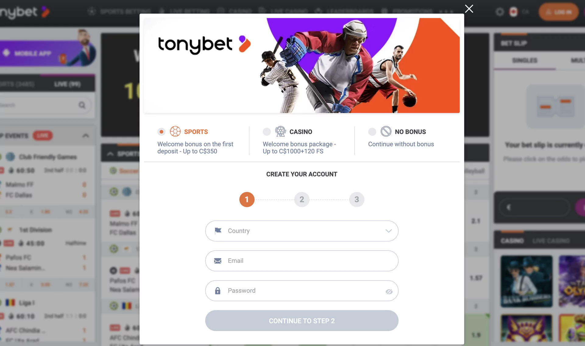 Screenshot of The TonyBet Signup page.