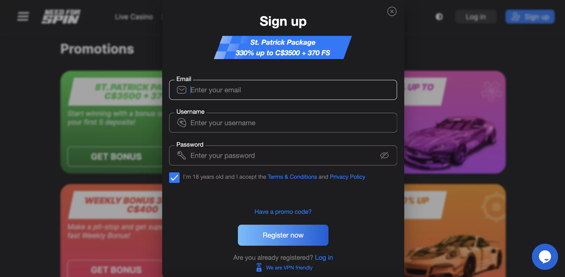 Signup at Need for Spin Casino