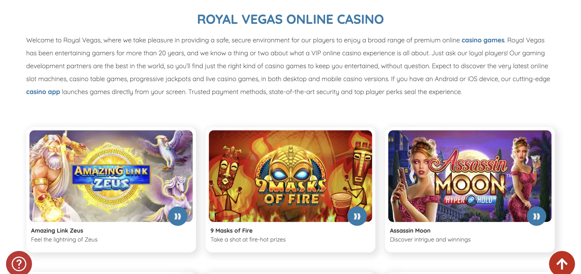 Main page at Royal Vegas Casino