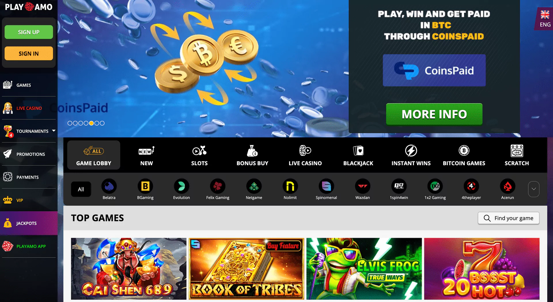 Screenshot of the Playamo Casino