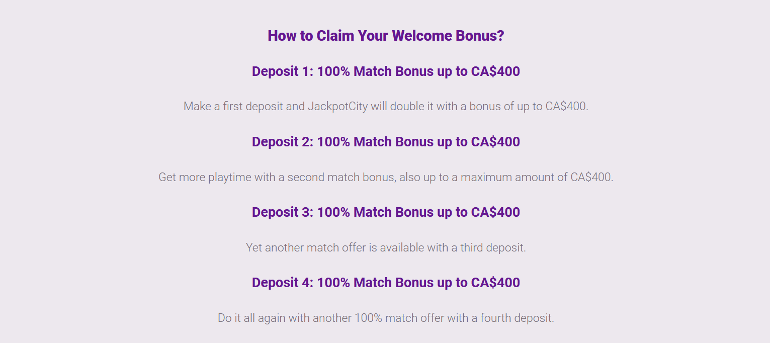 Screenshot of JackpotCity Casino's Wellcome Bonus
