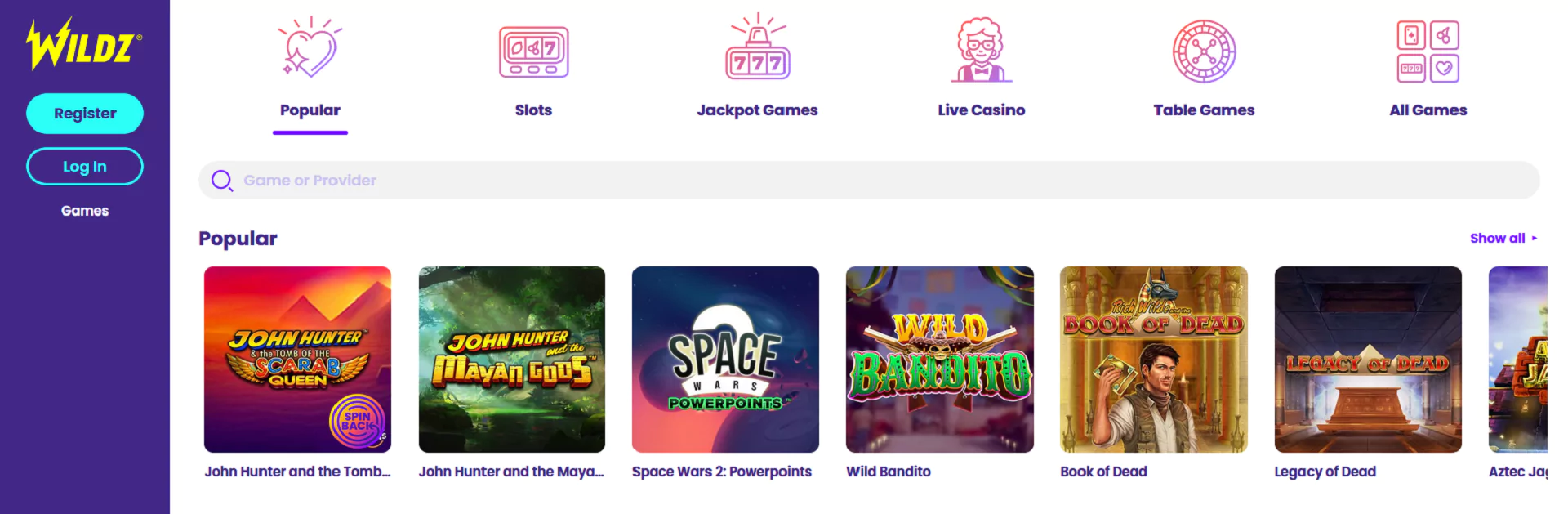 Screenshot of the variety of games from the Montreal online casino - Wildz website