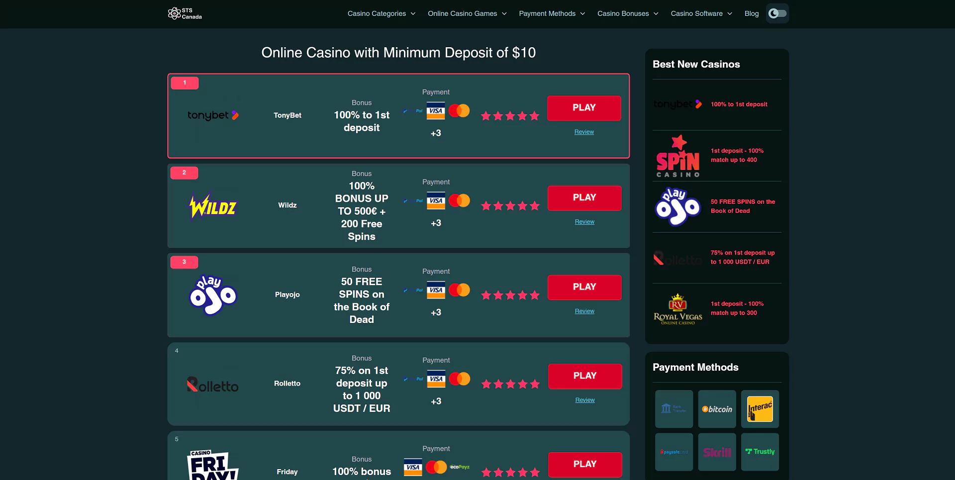 $10 Deposit Online Casinos