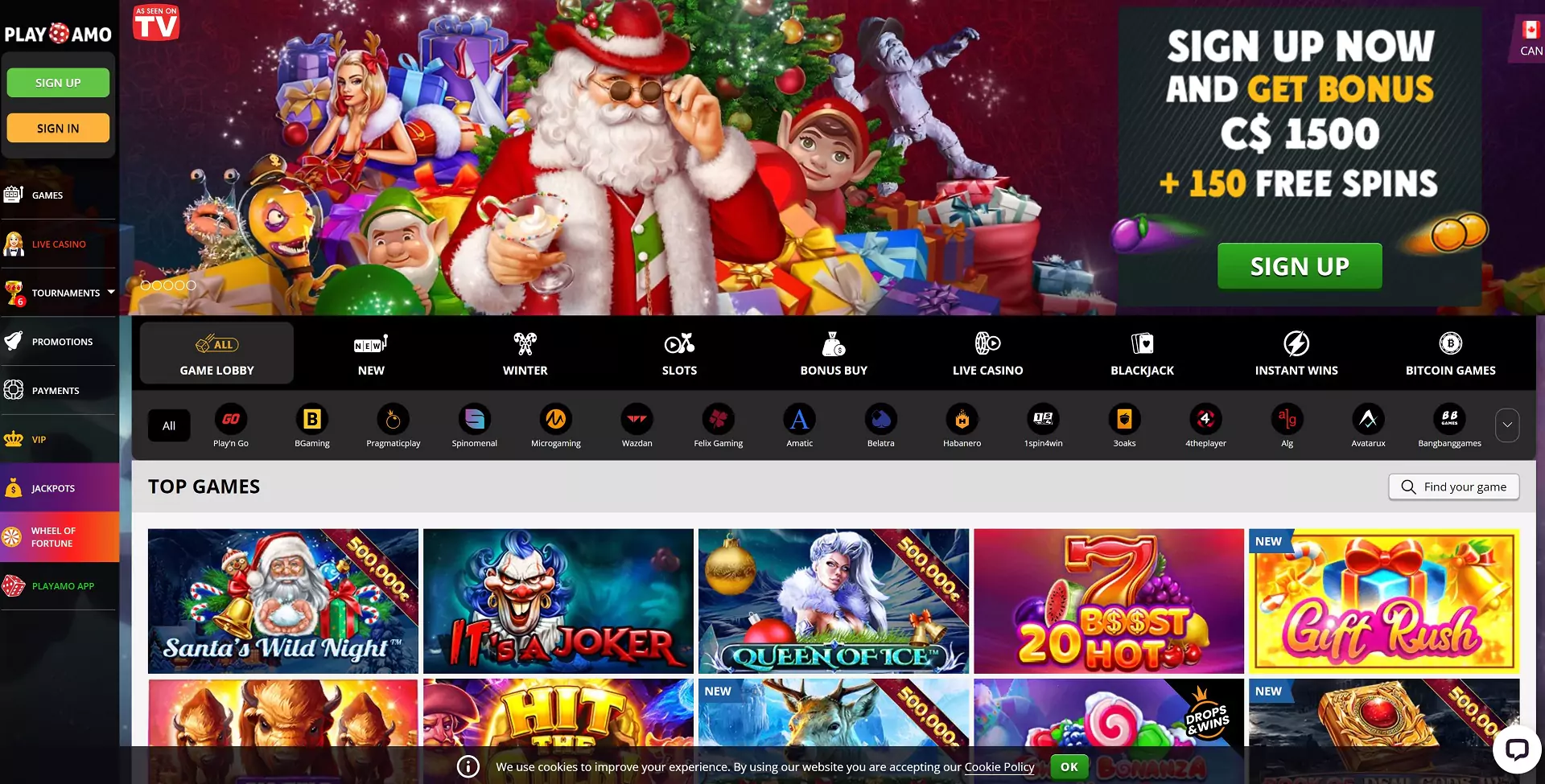 Screenshot of The PlayAmo casino Site.