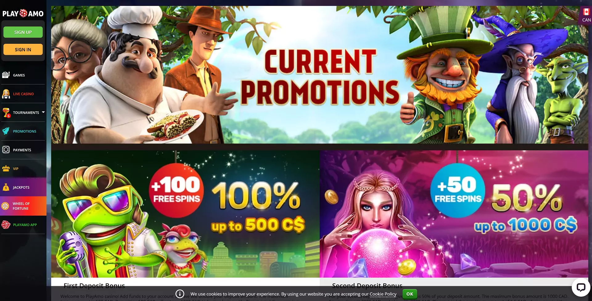 Screenshot of The PlayAmo Bonuses.