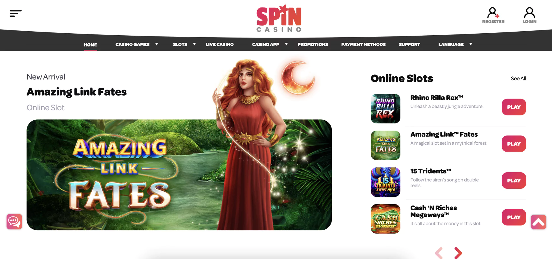 Main page at Spin Casino